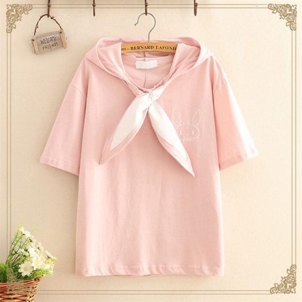 

2021 new summer rabbit from rabbit's ear bow ribbon half sleeve women t-shirt harajuku sweet girl shirt with hood p1112 333m, White