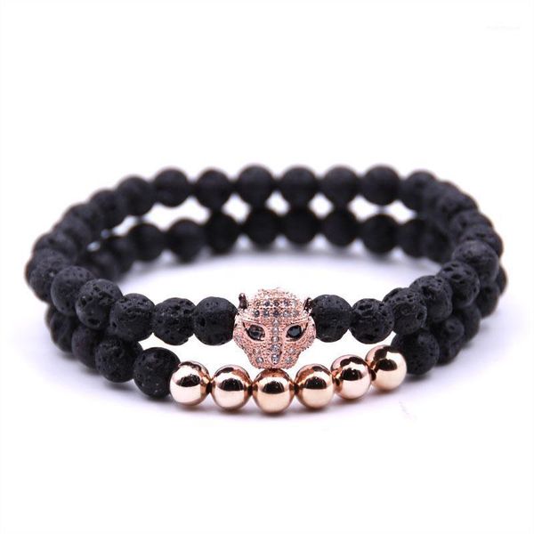 

beaded, strands hyhoney 2pcs/set cz leopard bracelets for women natural stone 6mm beads bracelet fitness energy yoga men jewelry gifts1, Black