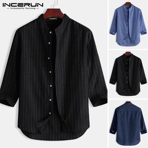 

incerun 2020 мужчины повседневная полосатый рубашка стенд воротник дышащий 3/4 рукавом блузка кнопка harajuku камиза masculina streetwear 5x, White;black