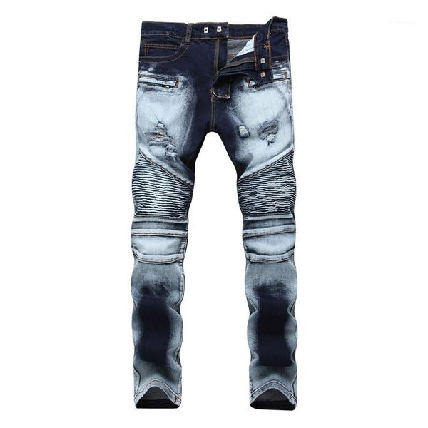 

2020 new fashion destroyed biker jeans mens ripped distressed straight skinny jeans bleached denim pants scratch long trousers1, Blue