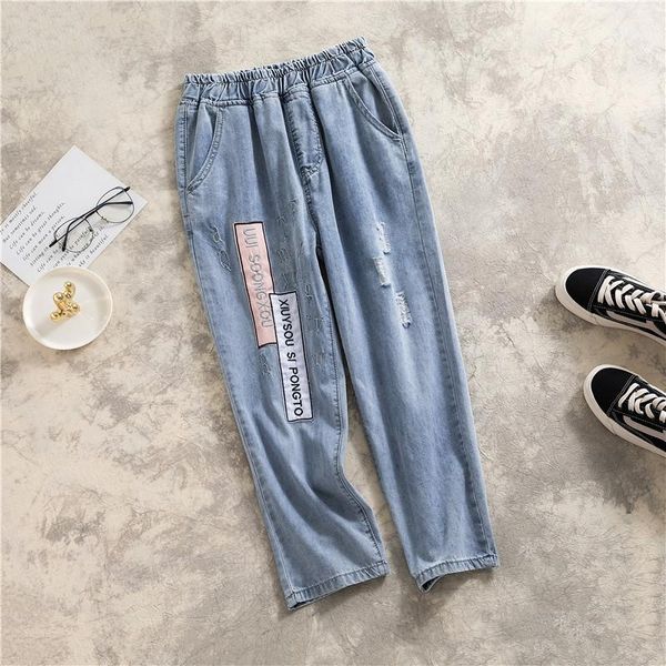 

plus size loose jeans with elastic waist and embroidered pattern for women1, Blue