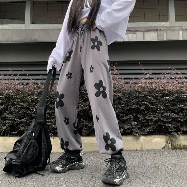 

streetwear korean trouser harajuku-style graffiti print small flower harem pants trousers loose high waist casual straight women, Black;white