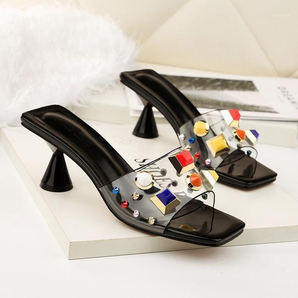

woman 2020 summer shoes fashion colorful rhinestone rivet slides high heels flip flops transparent pvc women slippers shoes1, Black