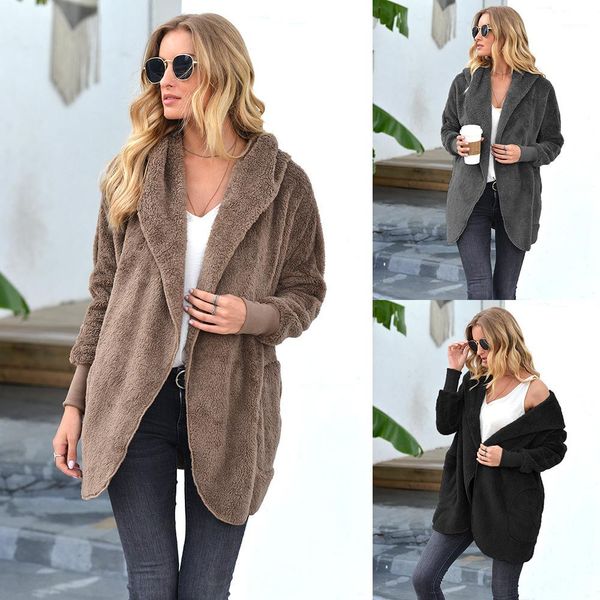 

coat womens designer lapel neck hooded jackets solid color casual long sleeve outerwear clothing for women fleece loose winter, Black;brown