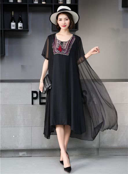 

2021 new red will see new casual dress mock embroidered two pieces of silk linen dressed feminine loosely womanly clothes wxf622 qeui, Black;gray
