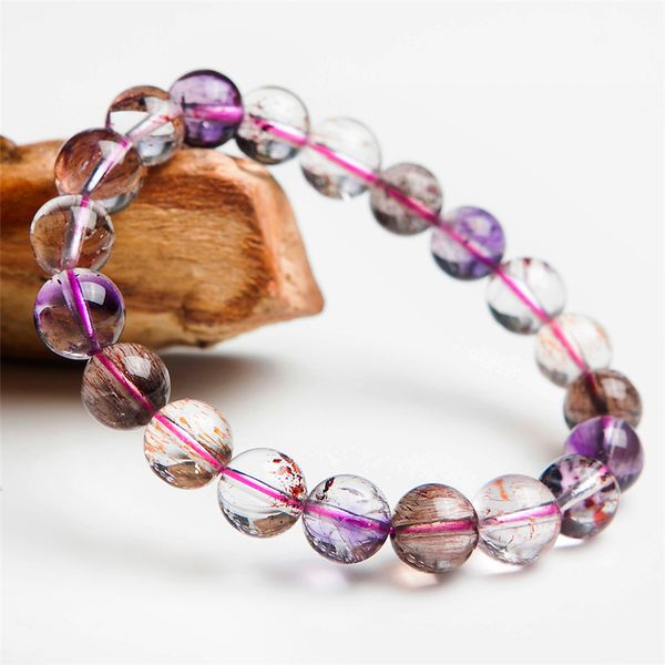 

genuine natural super seven melody stone bracelet colorful natural rutilated quartz crystal round bead bracelet drop shipping, Black