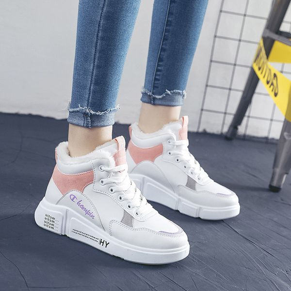 

white 2020 women sneakers autumn winter warm fur causal shoes flat plush shoes woman lace up canvas botas mujer, Black
