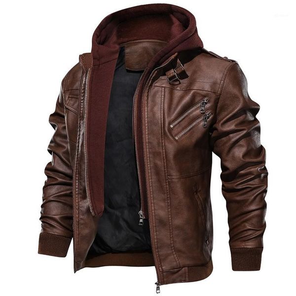 

2020 men's jacket coat motorcycle biker bomber jacket man faux leather moto casual hooded zipper fleece solid color pockets1, Black;brown