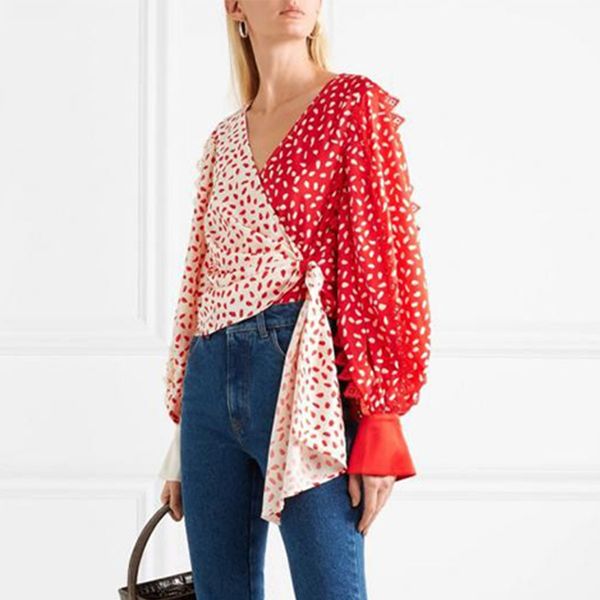 

currently available wholesale 2020 new unique contrast color polka dot pattern lantern sleeve v-neck lace up short shirt for women, White