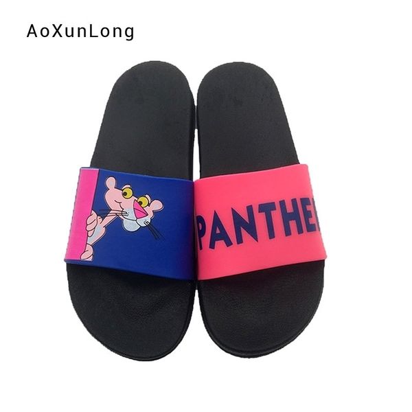 

summer new women's slippers bedroom cartoon pink panther flip flops cute flat indoor slides shoes soft pvc sole female slippers y200423, Black