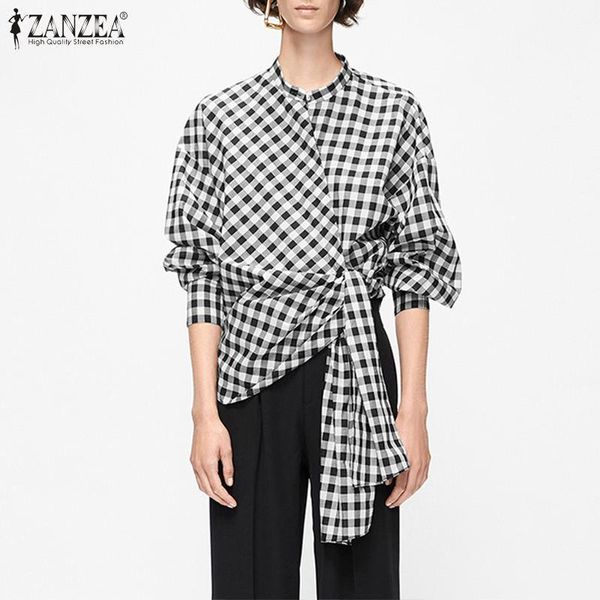 

zanzea fashion women shirt summer plaid checked lace up blouse casual 3/4 sleeve asymmetrical female work blusas mujer1, White
