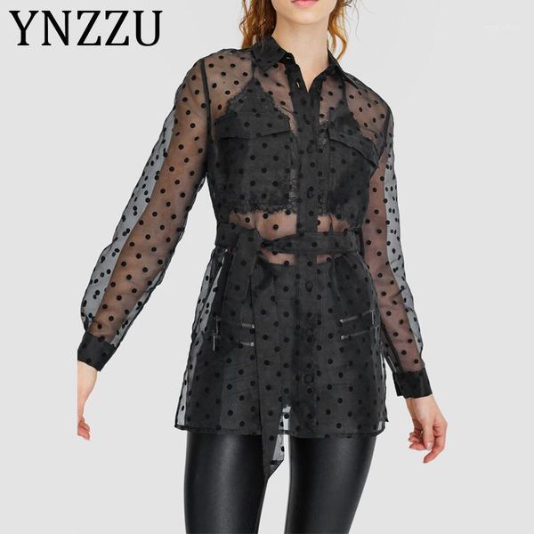 

ynzzu chic organza polka dot women trench coat 2020 spring long style transparent ladies trench summer sunscreen outwears a14511, Tan;black