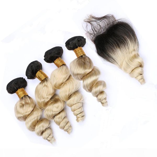 

malaysian blonde ombre loose wave human hair weave bundles 4pcs with closure #1b 613 blonde ombre wavy hair wefts with 4x4 lace closure, Black;brown