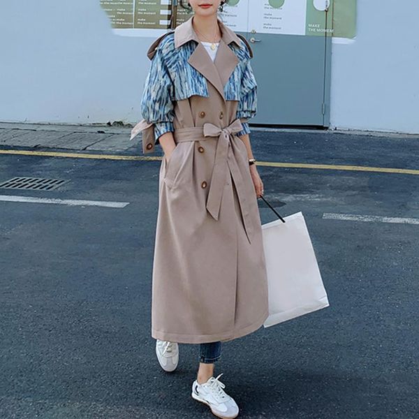 

seebeautiful tie dye stitching loose trench coat lapel double breasted lace up windbreaker new fashion 2020 autumn women m161, Tan;black