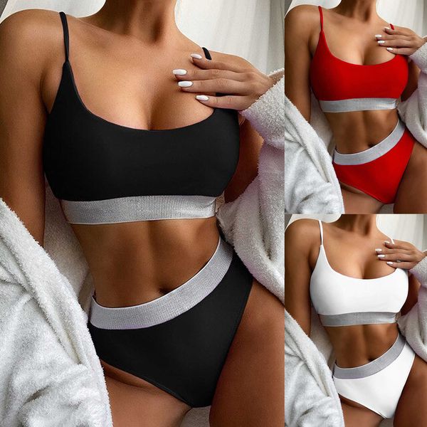 

2021 new waist swimwear women's swimsuits push up biquini shiny splicing bikinis high cut bathing bikini suits, White;black