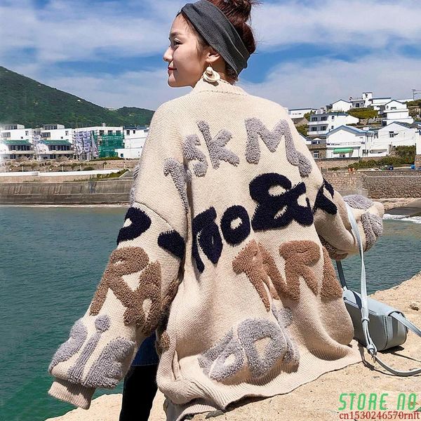 

women's knits & tees 2021 spring and autumn loose knitting sweater women letter pattern casual cardigans ladies thicker long sleeve, White