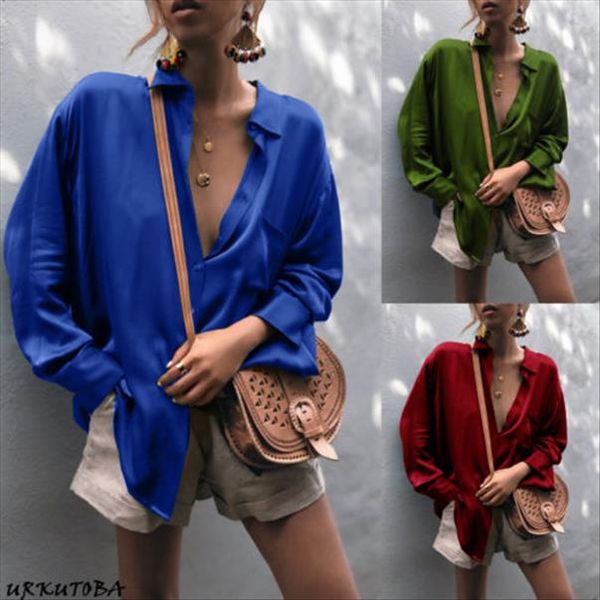 

2020 fashion women blouse silk shirt long sleeve ladies loose solid shirt casual v neck size s 2xl, White