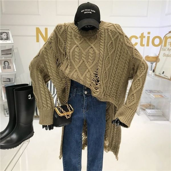 

2021 new womens baggy fashion high low hem distressed knitted twist longline sweater pullovers 05td, White;black