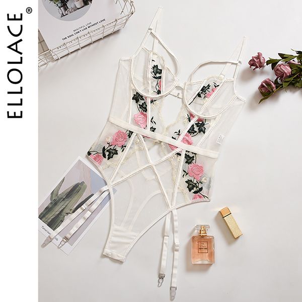 

ellolace bodysuit women floral body embroidery backless push up bodys overalls female romper 2020 hollow out bodysuits t200702, Black;white