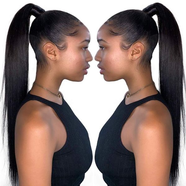 

6.18 shopping deal straight ponytail 100 human hair drawstring ponytail with clips in for women brazilian remy human hair extension 1pcs, Black