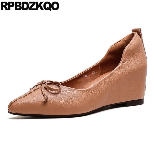 

brand women shoes 2020 casual size 4 34 pointed toe hidden genuine leather slip on luxury runway italian medium heels bow pumps, Black
