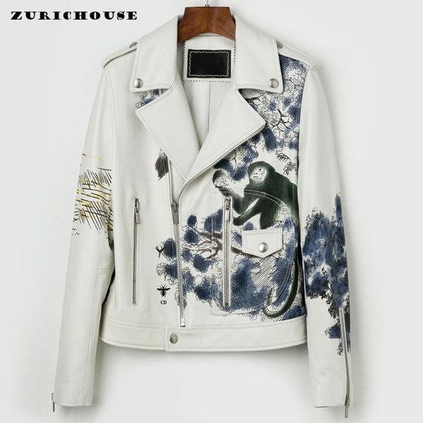

women's leather & faux zurichouse 100% sheepskin coat for women short slim fashion ink print white motorcycle biker genuine jacket woma, Black