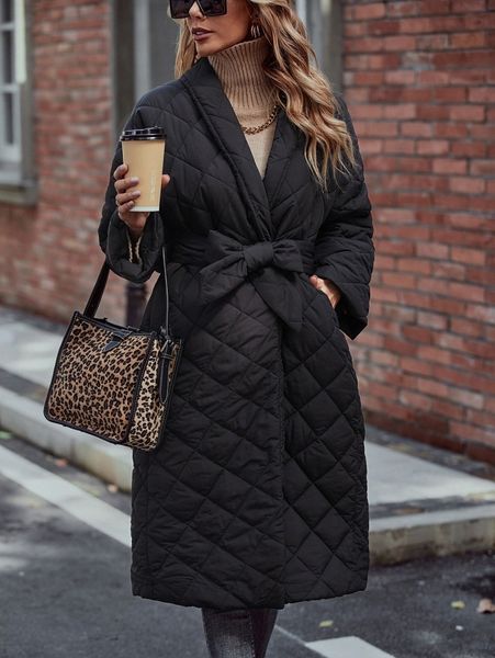 

slant pocket belted quilted coat 76sq#, Black