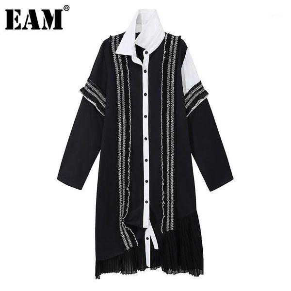 

eam] women black chiffon pleated long shirt dress new lapel long sleeve loose fit fashion tide spring autumn 2021 1dc8971, Black;gray