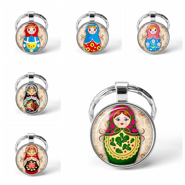 

new arrival tradition russian doll keychains handmade round glass cabochon cute doll jewelry for car accessories keyring, Slivery;golden