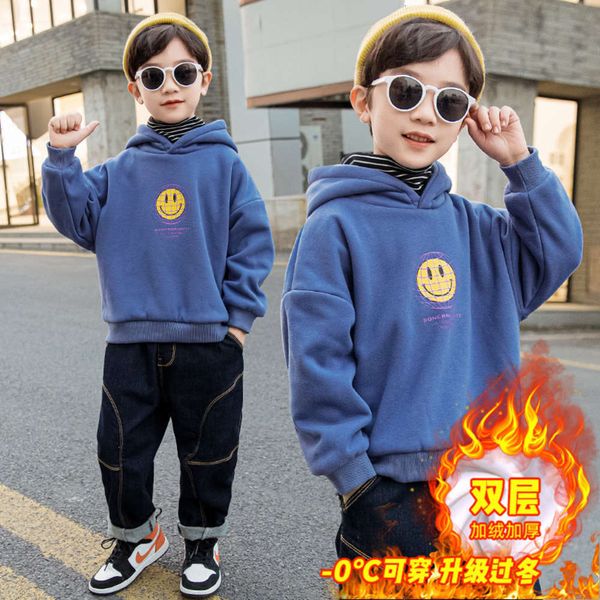 

new 2020 autumn and sle winter boys' smiling face leisure plush thickened sweater, Black