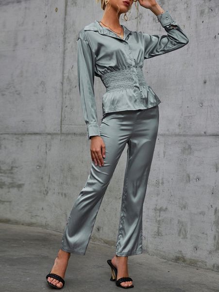 

sollinarry shirred waist satin blouse & pants 44yy#, White