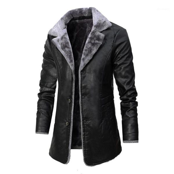 

2021 winter men's leather jacket solid color lining velvet business lapel medium length keep warm black leather windbreaker1