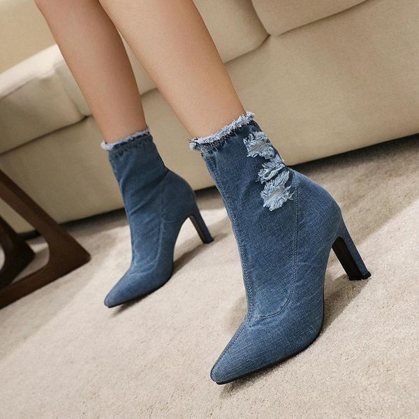 

denim ankle boots women high heels girls boots blue broken hole rough spring/autumn pointed toe shoes woman large size 41 42 43, Black
