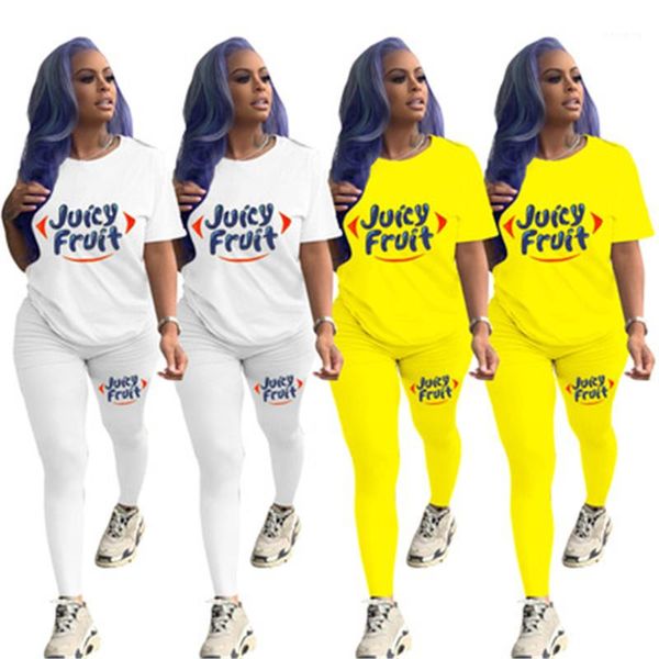 

pice sets tracksuits juicy fruit letter women sets fashion trend round neck short sleeve trousers suits designer female casual loose two, Gray