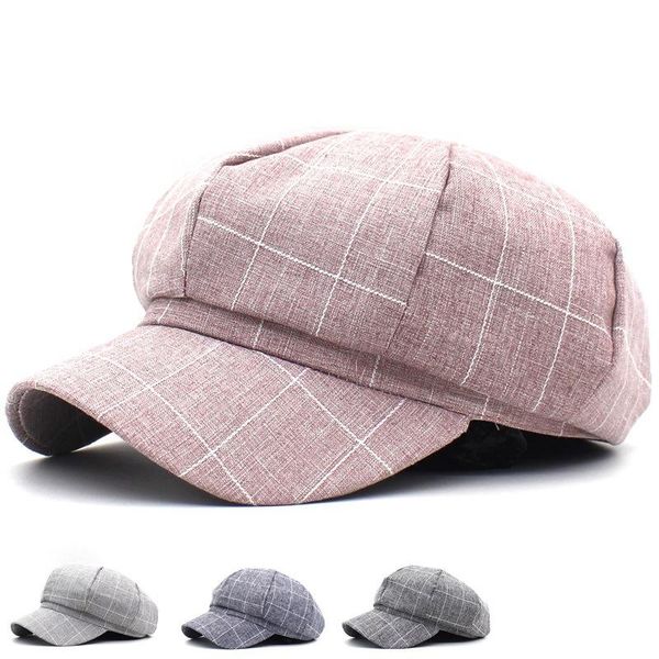

berets style lady hat korean-style fashion plaid pink beret cotton cap women casual versatile brim winter e, Blue;gray