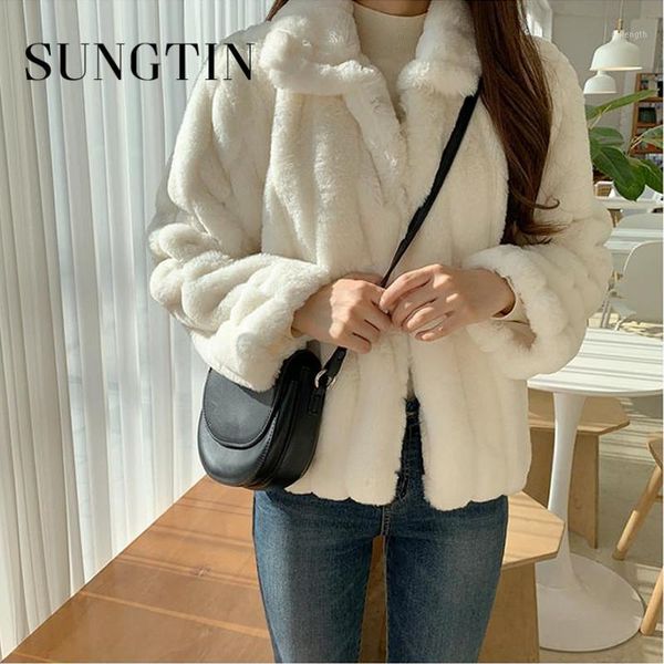 

sungtin new faux fur short winter coat women faux fur warm solid coat vintage slim fashion 2021 jacket korean female1, Black