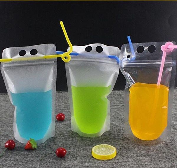 

17oz 500ml clear drink pouches bags frosted zipper stand-up plastic drinking bag with straw with holder recl bbynmo xmh_home
