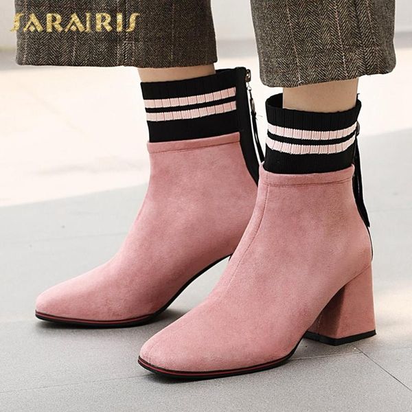 

sarairis 2020 big size 50 square heels elegant office lady fashion ankle sock boots female winter shoes woman, Black