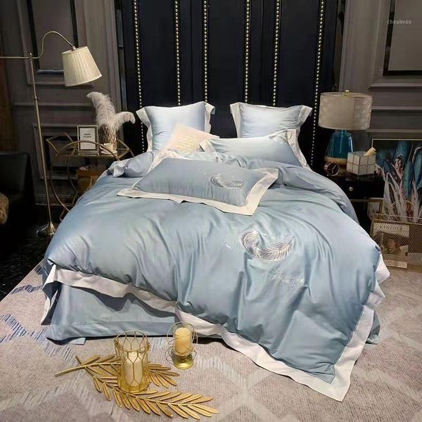 

30 silky egyptian cotton bedding set luxury feather embroidery  king size bed set duvet cover bed sheet pillowcases 6pcs1