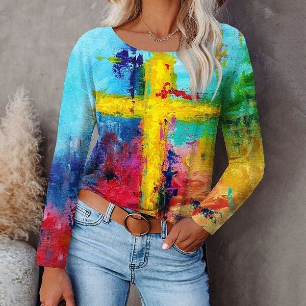 

women's abstract painting t shirt tie dye print round neck basic blue white yellow / 3d print 82uv#