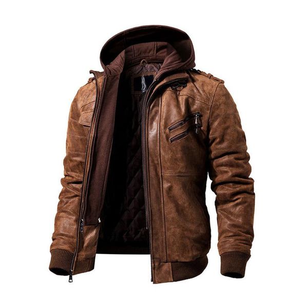

2020 men leather jacket slim zipper pu jackets hooded men black casual street coats fashion plus size overwear