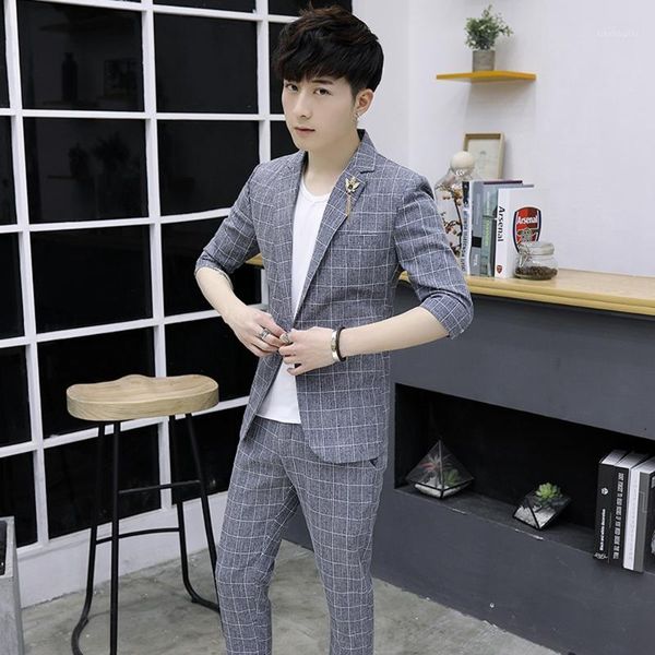 

suit men 2020 new summer fashion trend men linen middle sleeve plaid slim two - piece mens suits with pants1, White;black