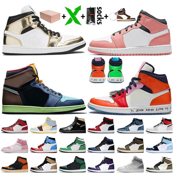 

with box new jumpman 1 1s women mens satin jordan retro basketball shoes mid metallic gold pink quartz high og bio hack fearless, White;red