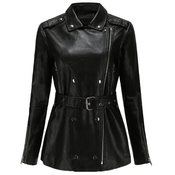 

2021 new autumn women of female plutonium long belt spring black leather jacket outwear xn53