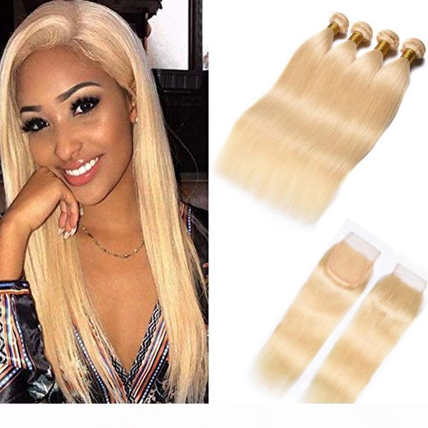 

brazilian straight virgin hair weave 3 bundles 613 blonde human hair with closure honey platinum virgin hair with lace frontal closure, Black;brown