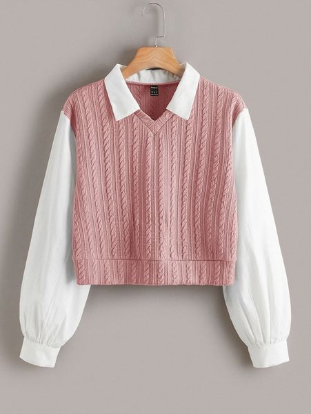 

contrast collar cable knit 2 in 1 blouse z1ut#, White