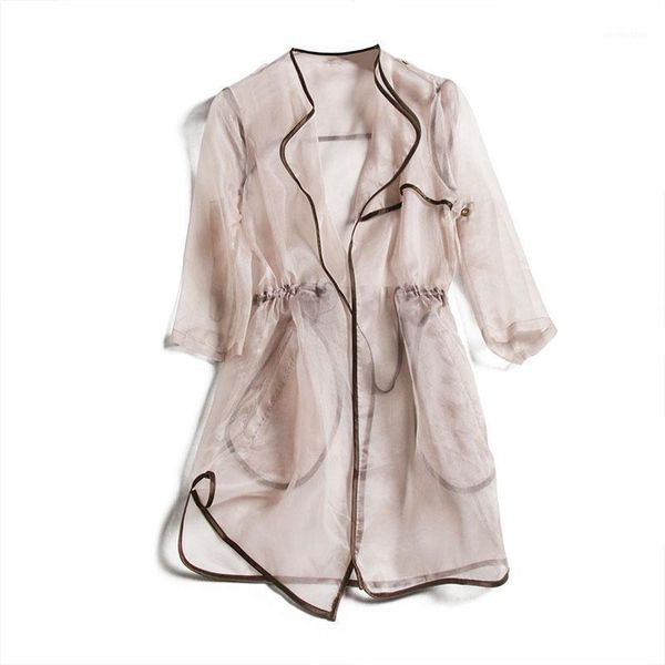 

womens silk organza trench real coats summer see through turn-down collar three quarter sleeve office lady open stitch1, Tan;black