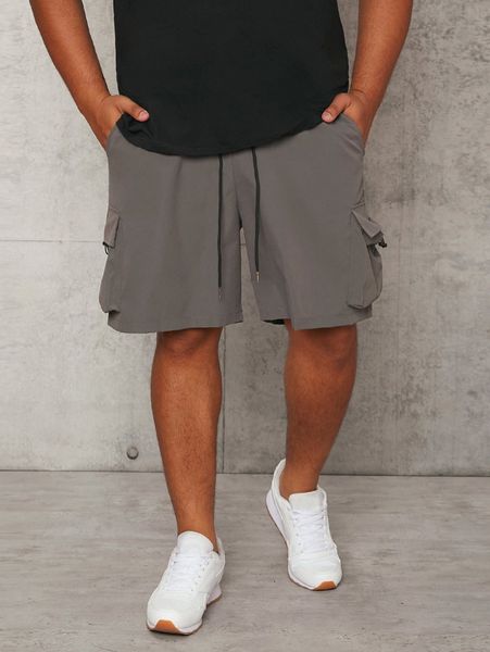 

extended sizes men flap pocket side drawstring waist shorts p130#, Black