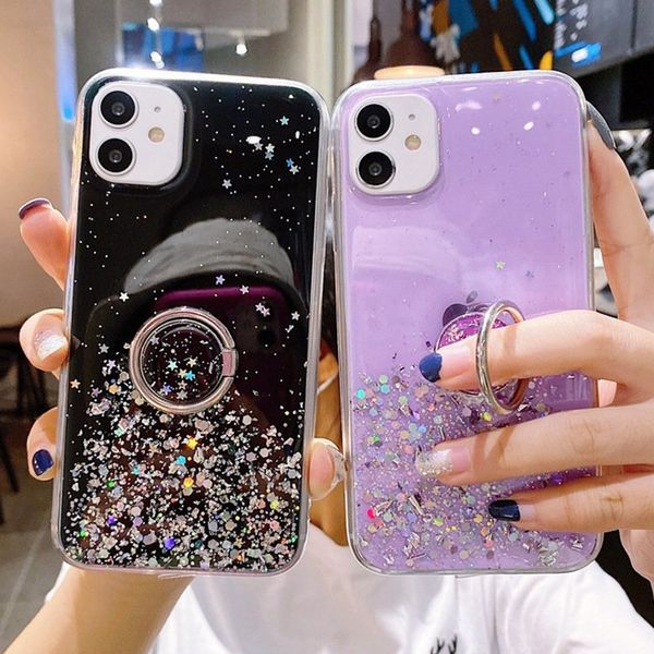 

finger ring stand phone case for iphone 11pro xr xs max 6s 7 8 plus x gradient glitter star soft epoxy shockproof back cover