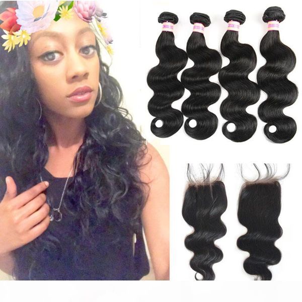 

malaysian body wave hair weaves brazilian virgin hair with closure peruvian human hair bundles with closure, Black